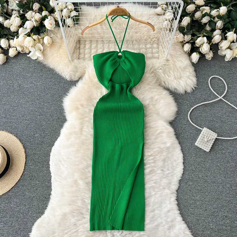 Trendy Rugloze Gebreide Maxi Jurk met Zijsplit– Liora