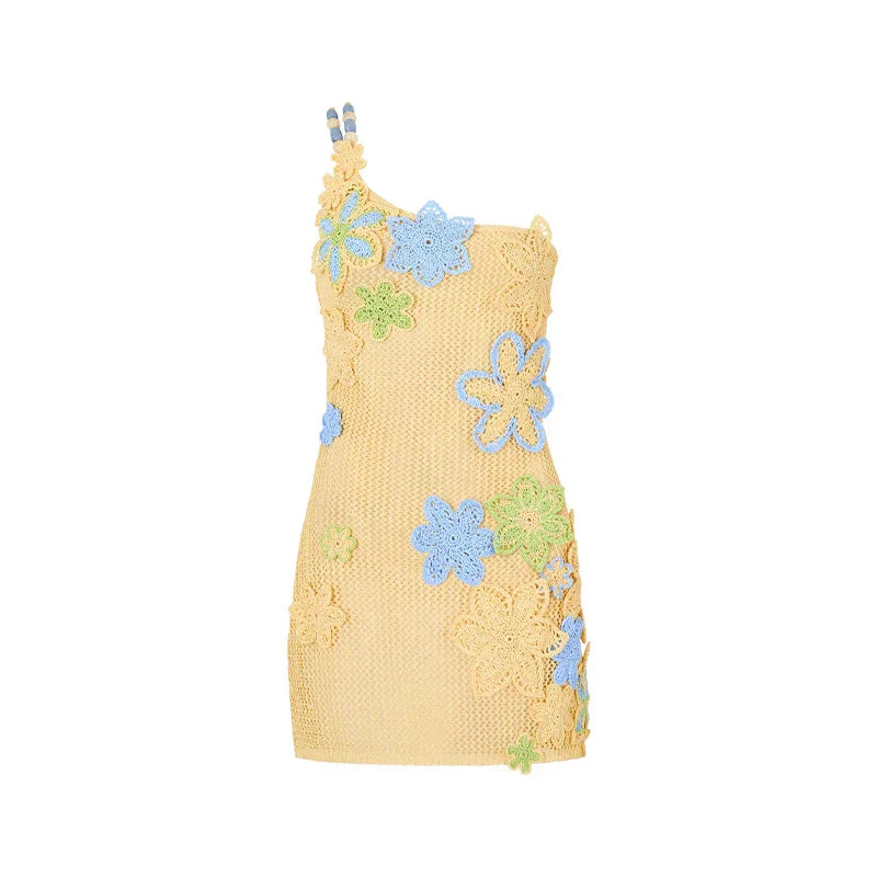 Yellow Crocheted Summer Mini Dress with Floral Embroidery – Nari