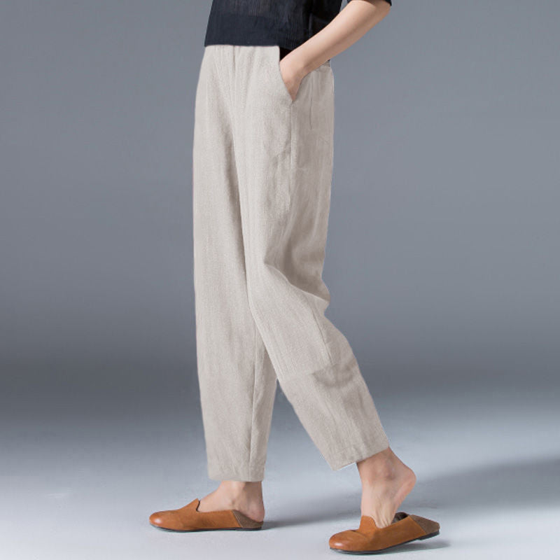 Women's summer pants made of linen-cotton blend with elastic waistband – Clara