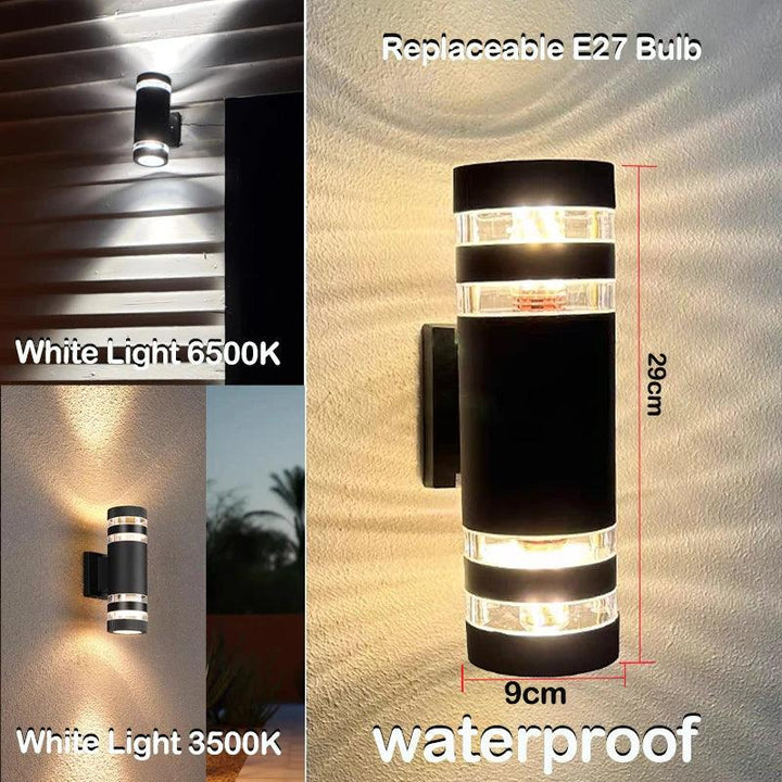 Zwarte ronde cilinderwandlamp met heldere ringen, met maataanduiding van de hoogte en de lichtkleuren wit en warm. 9