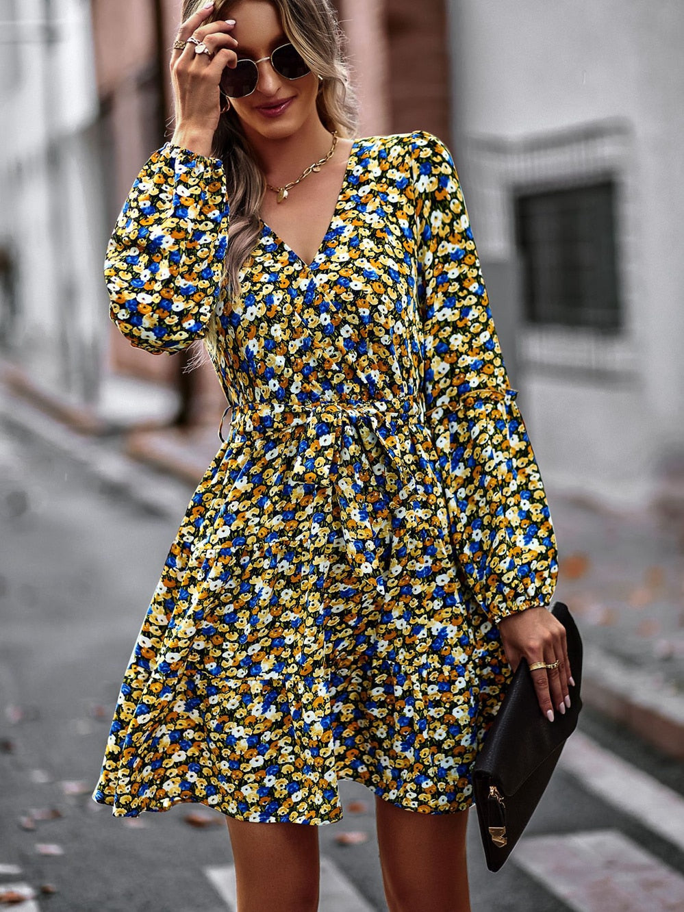 Flared Mini Dress with Belt and Ruffles – Noëlle