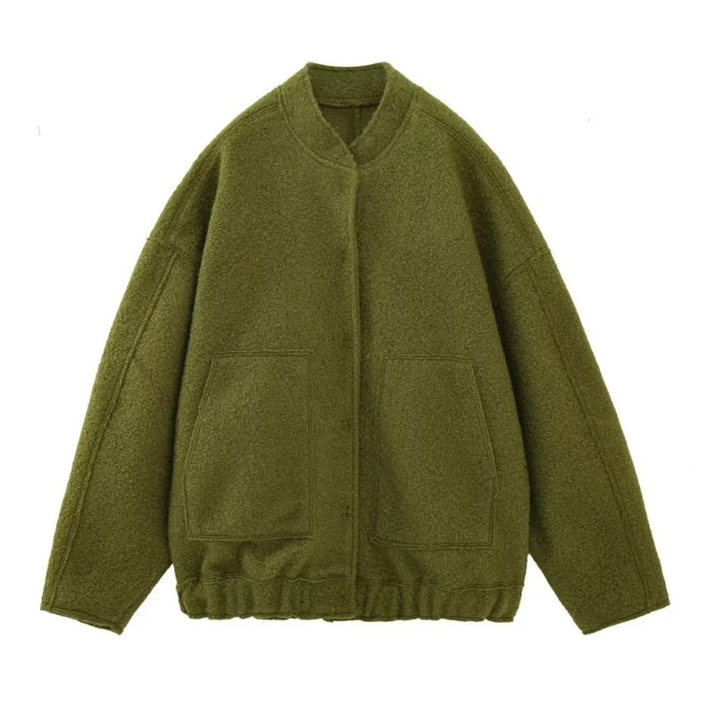 Oversized wełniany płaszcz z okrągłym kołnierzem i guzikami - Selena