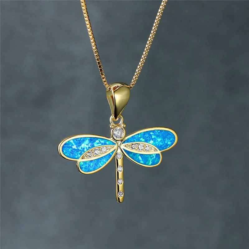 Gold Dragonfly Necklace with Opal - Isolde