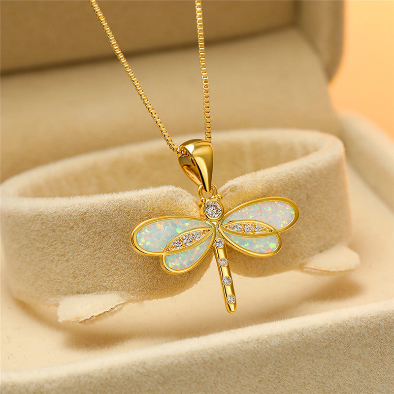 Gold Dragonfly Necklace with Opal - Isolde