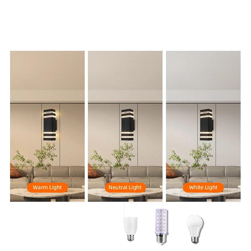 Dezelfde zwarte wandlamp in een woonkamer, drie keer getoond met warm, neutraal en wit licht, met daaronder drie typen lampen. 2