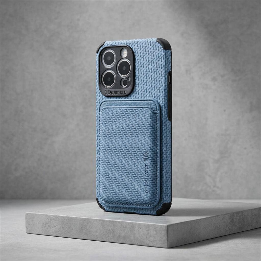 Blauw geweven telefoonhoesje met pasjeshouder en zwarte hoeken, op een grijs betonnen platform 5