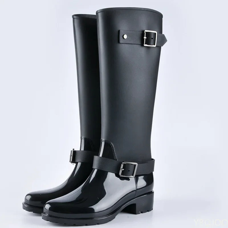 Tall Women's Waterproof Rain Boots with Buckles & Block Heel – Elenya