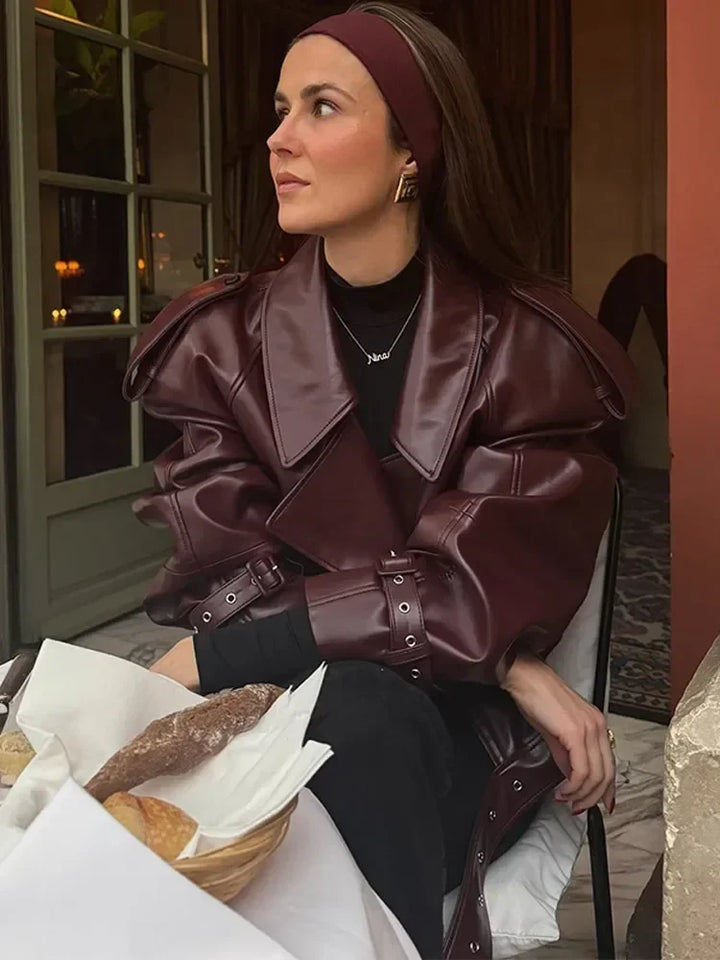Short Leather Women's Jacket in Bordeaux Red with Notched Collar – Livana