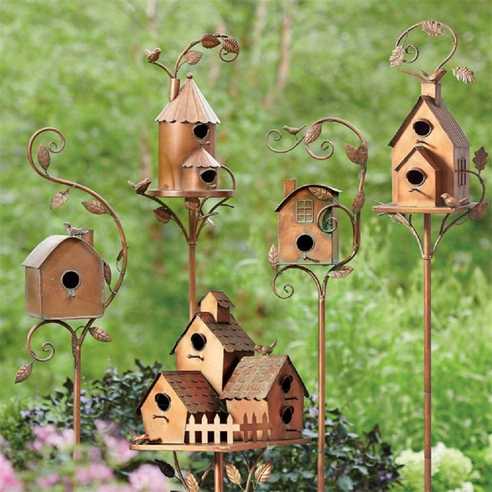 Metal Art Birdhouse on Garden Stake - FeatherNest