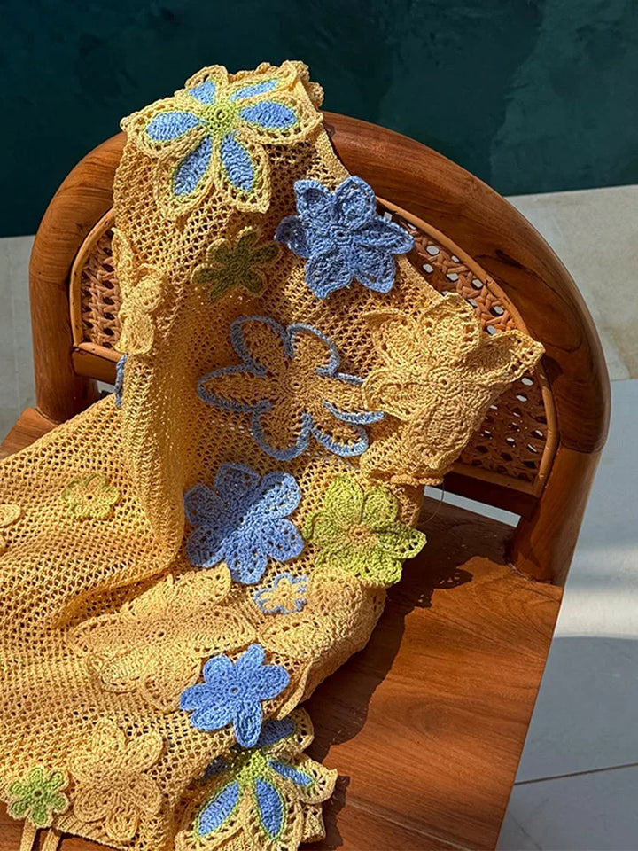 Yellow Crocheted Summer Mini Dress with Floral Embroidery – Nari