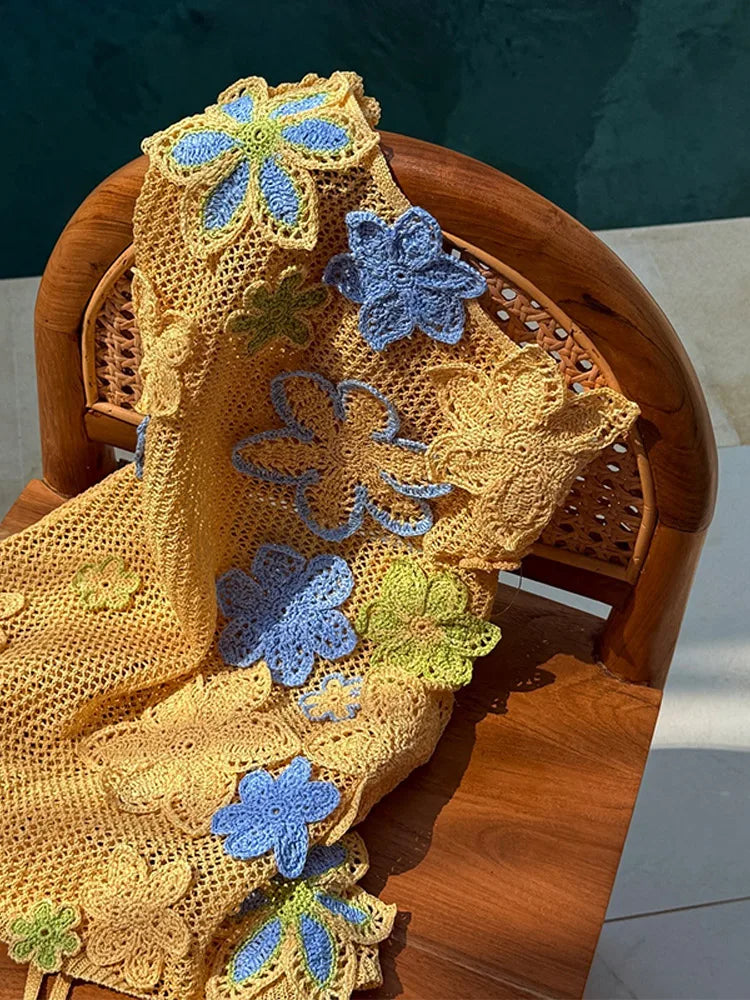 Yellow Crocheted Summer Mini Dress with Floral Embroidery – Nari