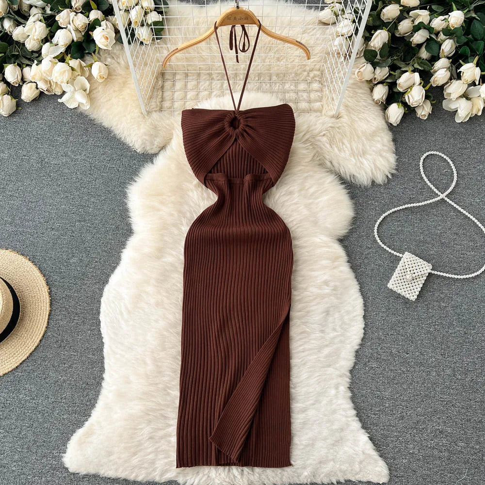 Trendy Rugloze Gebreide Maxi Jurk met Zijsplit– Liora