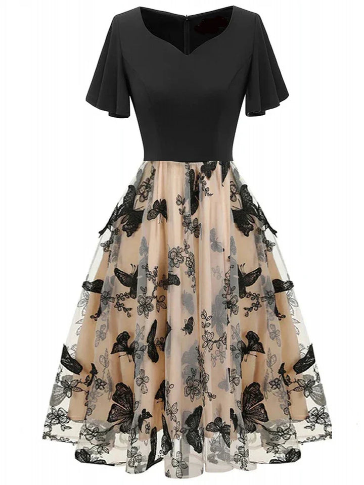 Stylish Mesh Midi Dress with Embroidery and Flounce Sleeves – Maila