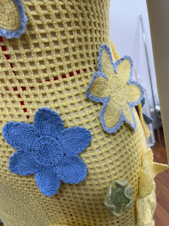 Yellow Crocheted Summer Mini Dress with Floral Embroidery – Nari