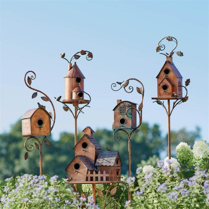 Metal Art Birdhouse on Garden Stake - FeatherNest