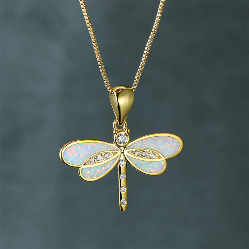 Gold Dragonfly Necklace with Opal - Isolde