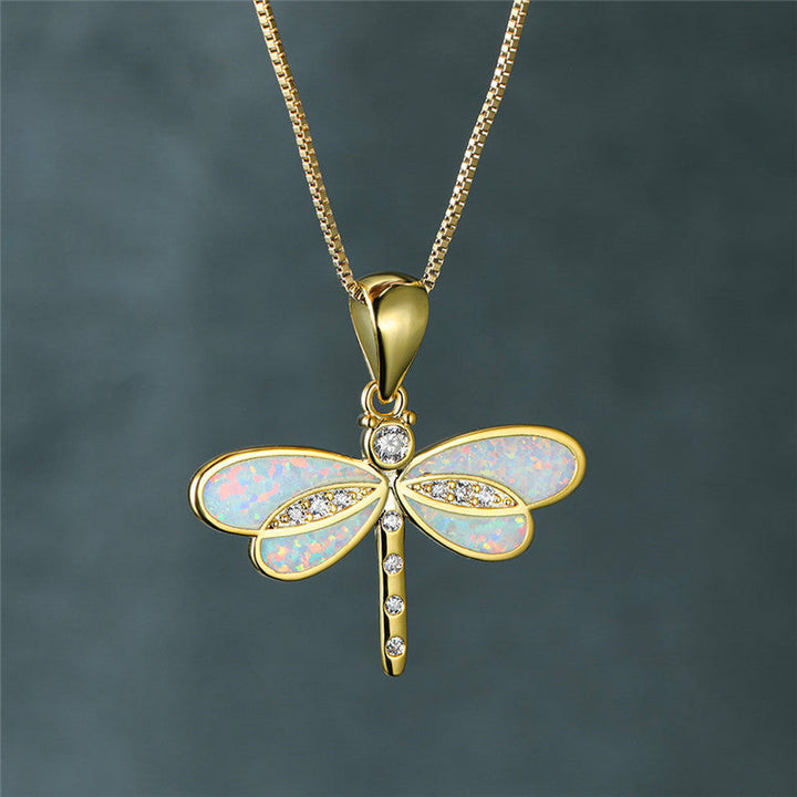 Gold Dragonfly Necklace with Opal - Isolde
