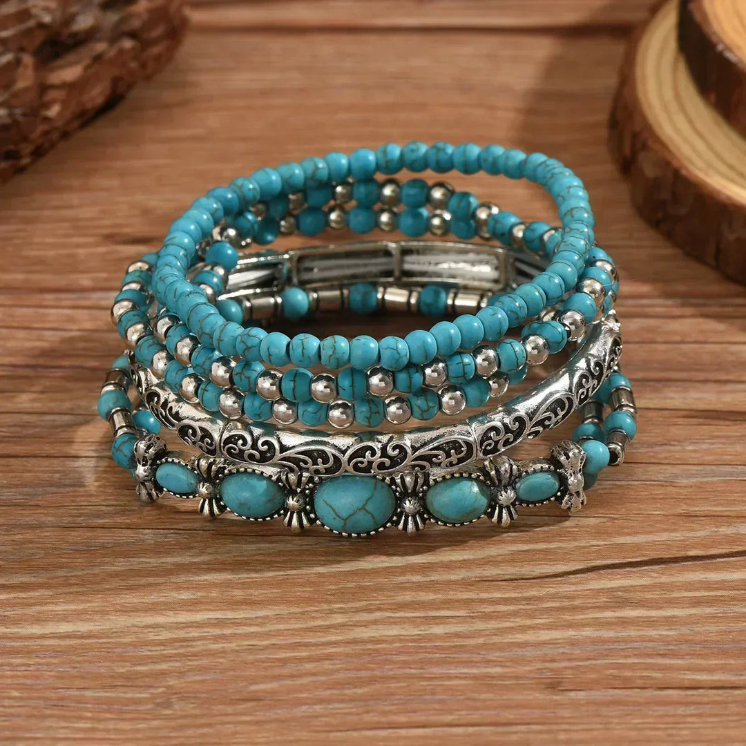 Turquoise Beaded Bracelet Set of 5 with Silver-Tone Details 3