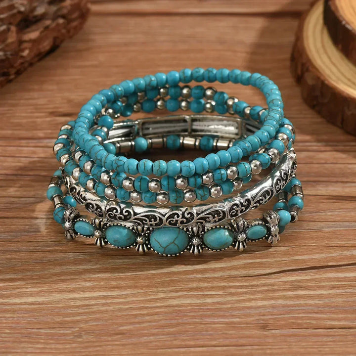 Turquoise Beaded Bracelet Set of 5 with Silver-Tone Details 3