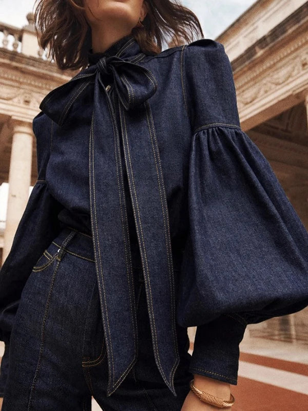 Dames Denimblouse met Pofmouwen - Riva