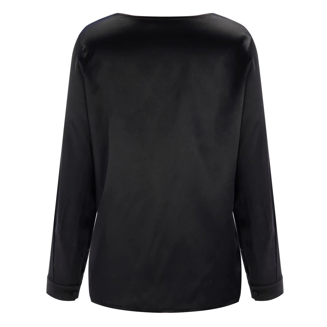 Satin women's blouse with deep V-neck & long sleeves - Daria
