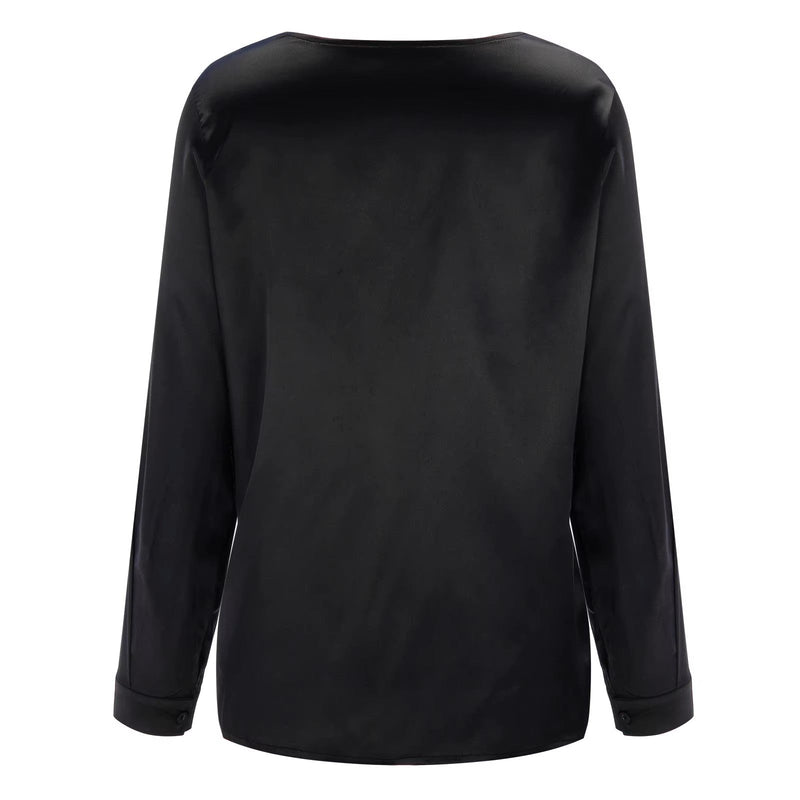 Satin women's blouse with deep V-neck & long sleeves - Daria