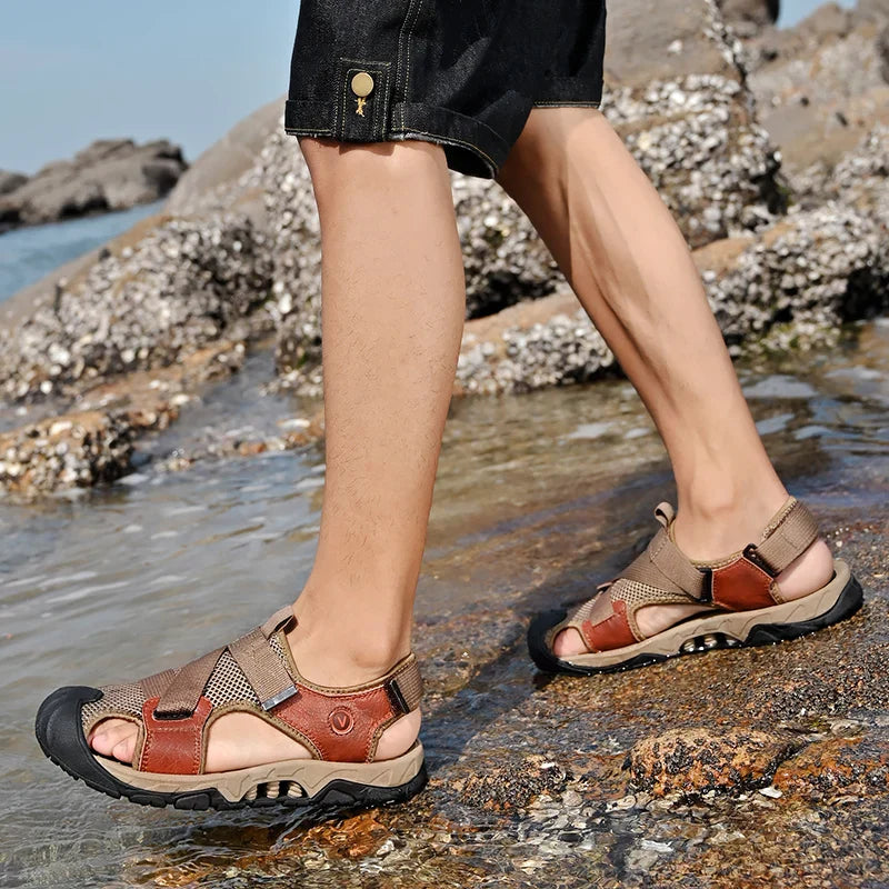 Khaki KleurigeLeren Herensandalen in Romeinse Stijl - Cassian