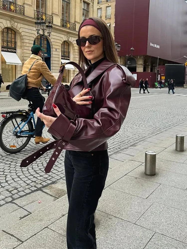 Short Leather Women's Jacket in Bordeaux Red with Notched Collar – Livana