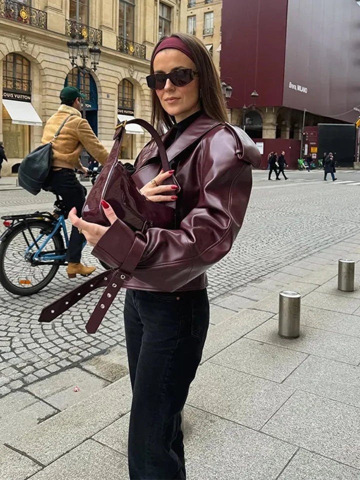 Short Leather Women's Jacket in Bordeaux Red with Notched Collar – Livana