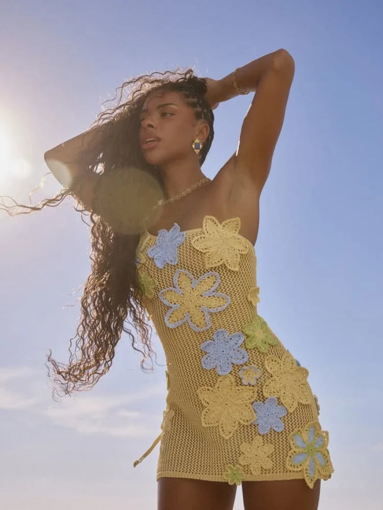 Yellow Crocheted Summer Mini Dress with Floral Embroidery – Nari