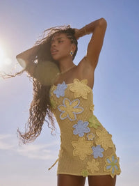Yellow Crocheted Summer Mini Dress with Floral Embroidery – Nari