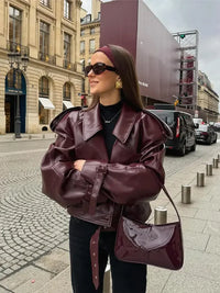Short Leather Women's Jacket in Bordeaux Red with Notched Collar – Livana