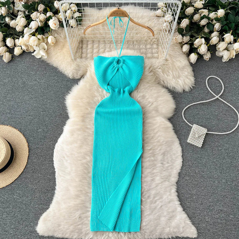 Trendy Rugloze Gebreide Maxi Jurk met Zijsplit– Liora
