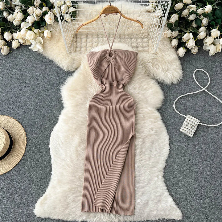 Trendy Rugloze Gebreide Maxi Jurk met Zijsplit– Liora