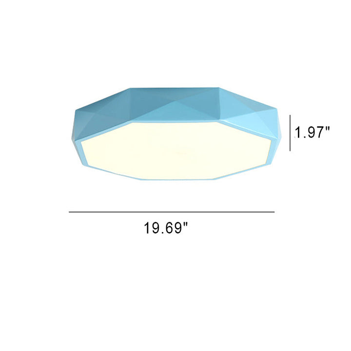 Blauwe plafondlamp met maatschema voor de grootste maat, met breedte en hoogte aangegeven 9