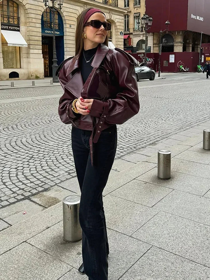 Short Leather Women's Jacket in Bordeaux Red with Notched Collar – Livana