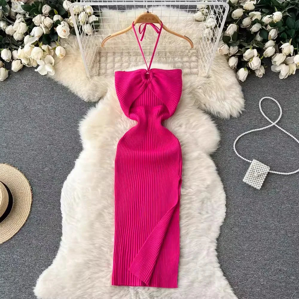 Trendy Rugloze Gebreide Maxi Jurk met Zijsplit– Liora