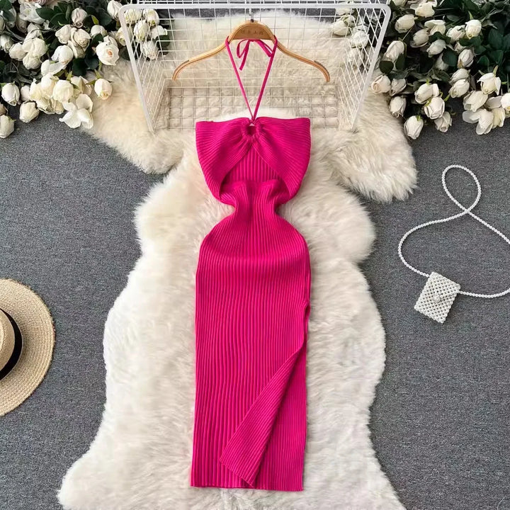 Trendy Rugloze Gebreide Maxi Jurk met Zijsplit– Liora