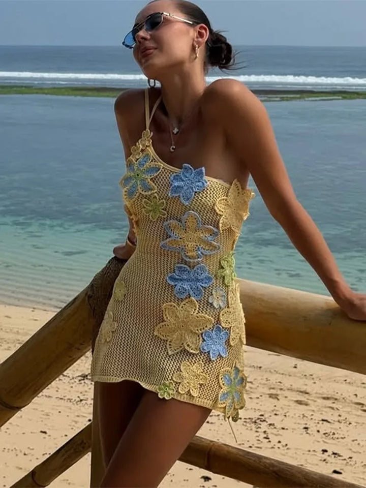 Yellow Crocheted Summer Mini Dress with Floral Embroidery – Nari