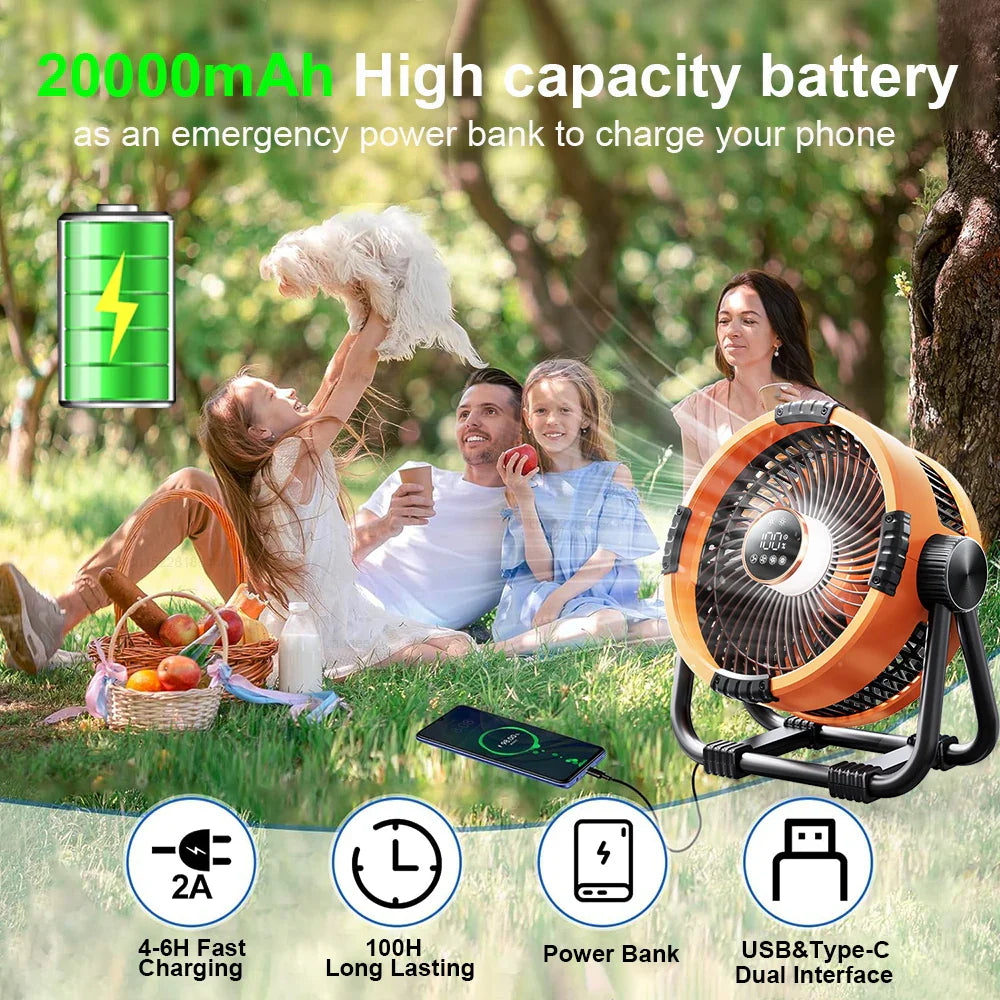 Camping Ventilator met 20000mAh Accu, LED Licht & Afstandsbediening – WindMate