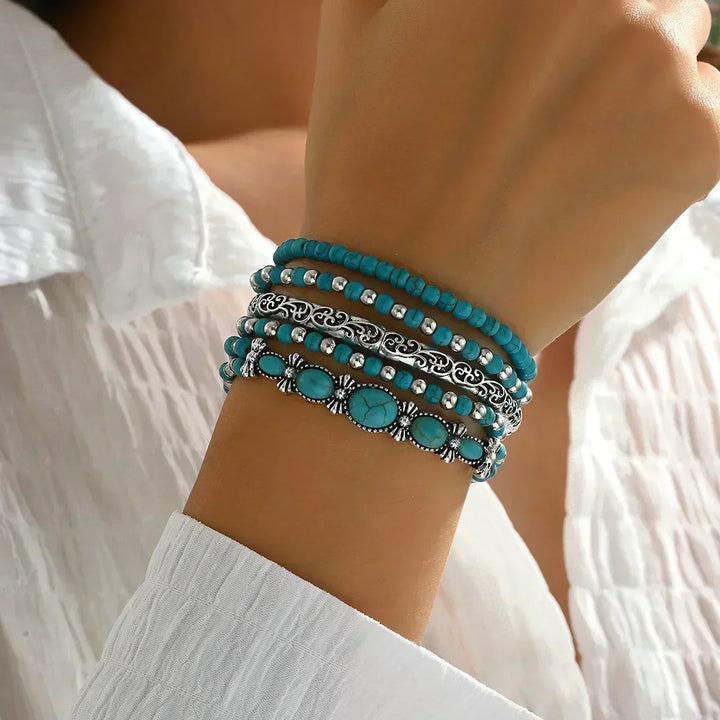 Turquoise Beaded Bracelet Set of 5 with Silver-Tone Details 2