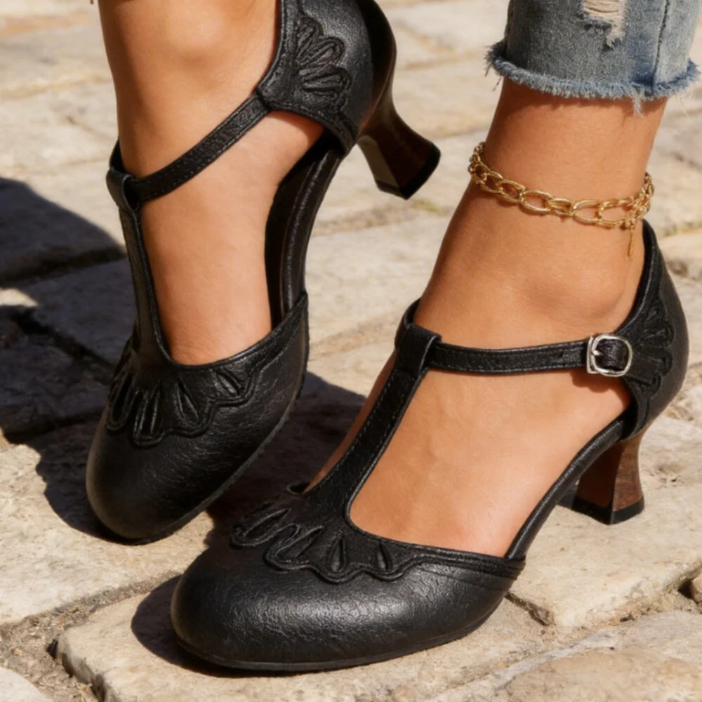 Women's Vintage T-Bar Pumps - Mid Block Heel Smart Casual Shoes 2