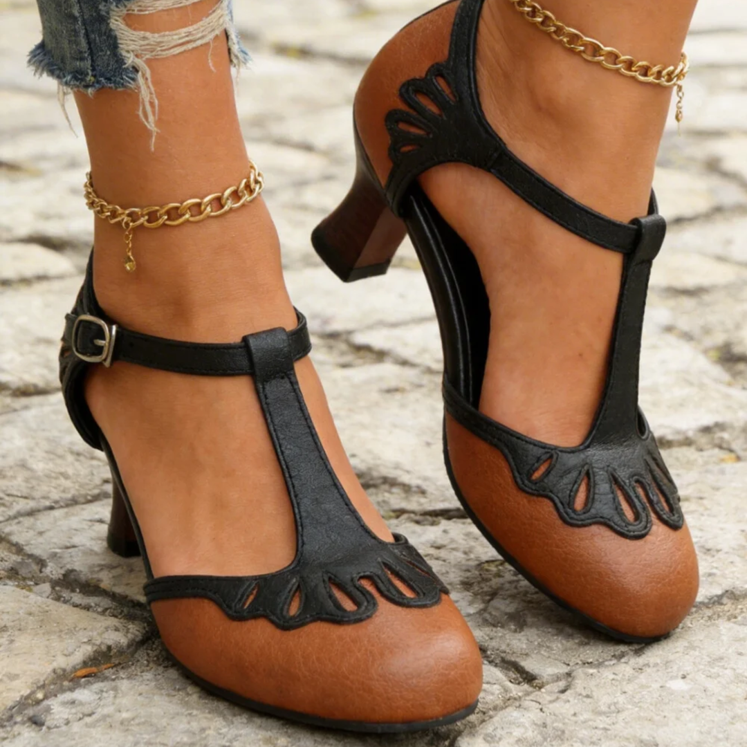 Women's Vintage T-Bar Pumps - Mid Block Heel Smart Casual Shoes 3