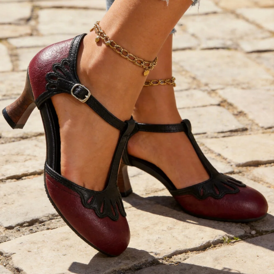 Women's Vintage T-Bar Pumps - Mid Block Heel Smart Casual Shoes 4