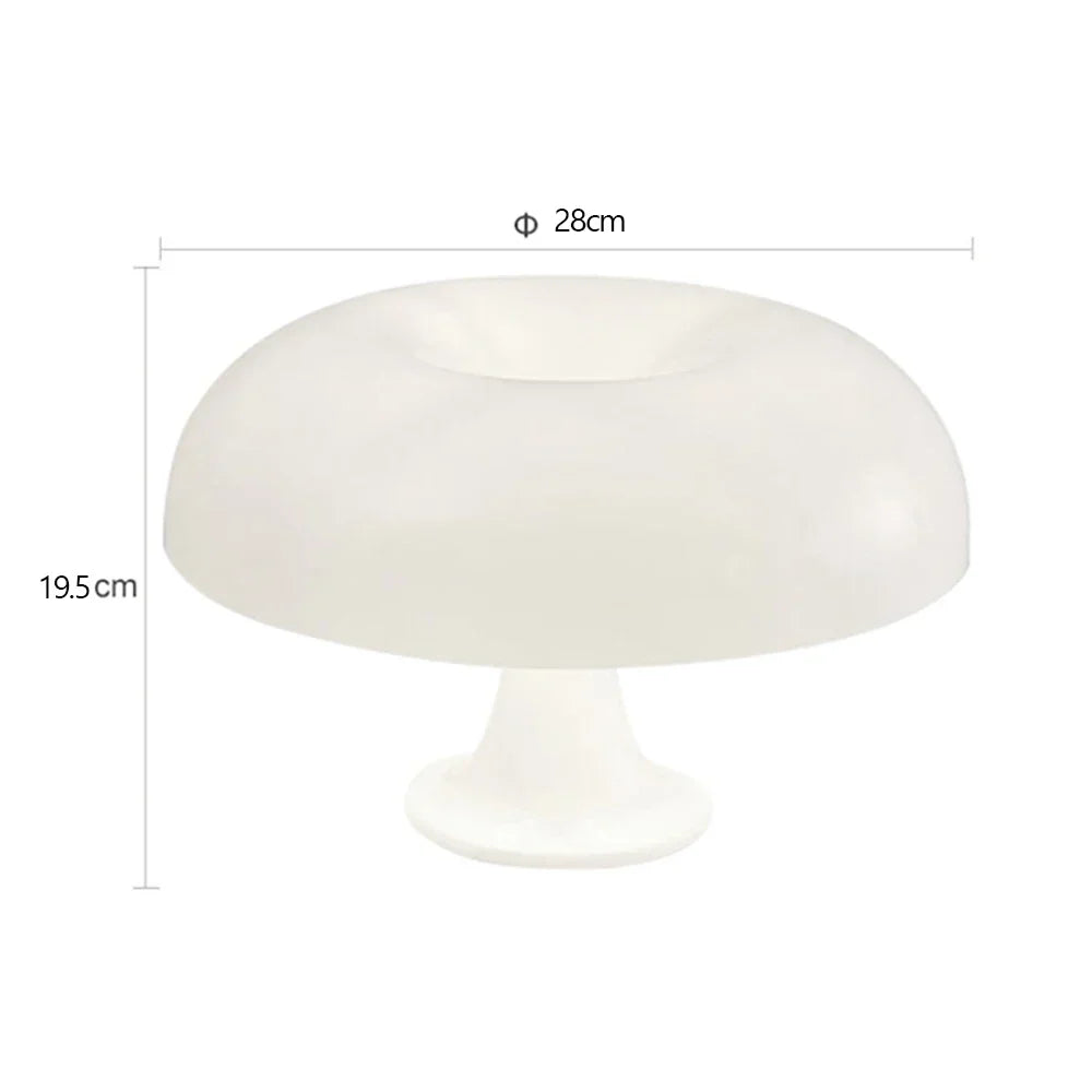 Productfoto van de witte paddenstoellamp op een witte achtergrond, met maataanduiding van 28 cm doorsnede en 19,5 cm hoogte. 8