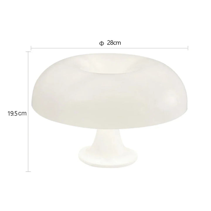 Productfoto van de witte paddenstoellamp op een witte achtergrond, met maataanduiding van 28 cm doorsnede en 19,5 cm hoogte. 8