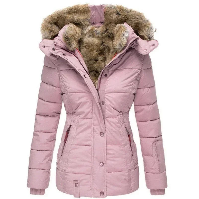 Roze gewatteerde parka met opstaande kraag, capuchon met imitatiebont en ribboorden aan de mouwen, vooraanzicht. 8