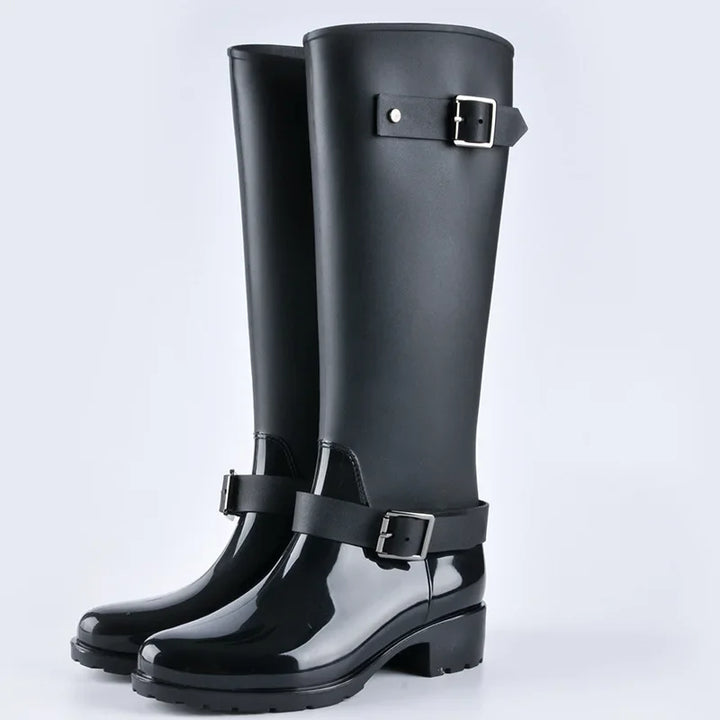 Tall Women's Waterproof Rain Boots with Buckles & Block Heel – Elenya