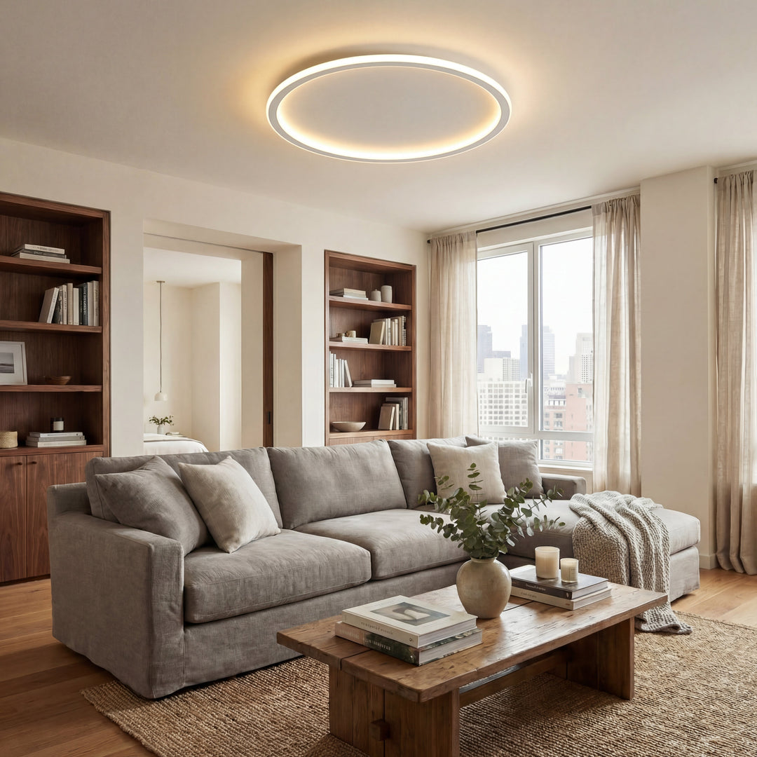 Plafondlamp boven een woonkamer met grijze hoekbank, houten salontafel, boekenkasten en gordijnen voor een groot raam. 5