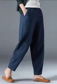 Women's summer pants made of linen-cotton blend with elastic waistband – Clara